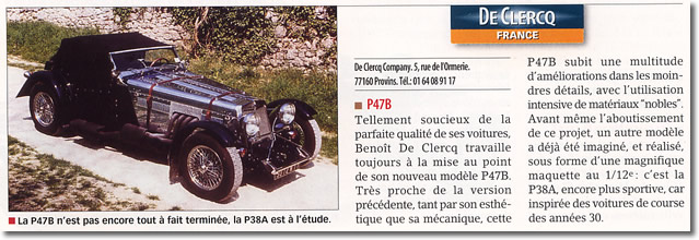 Article Automobile magazine DE CLERCQ P47A 1999-2000
